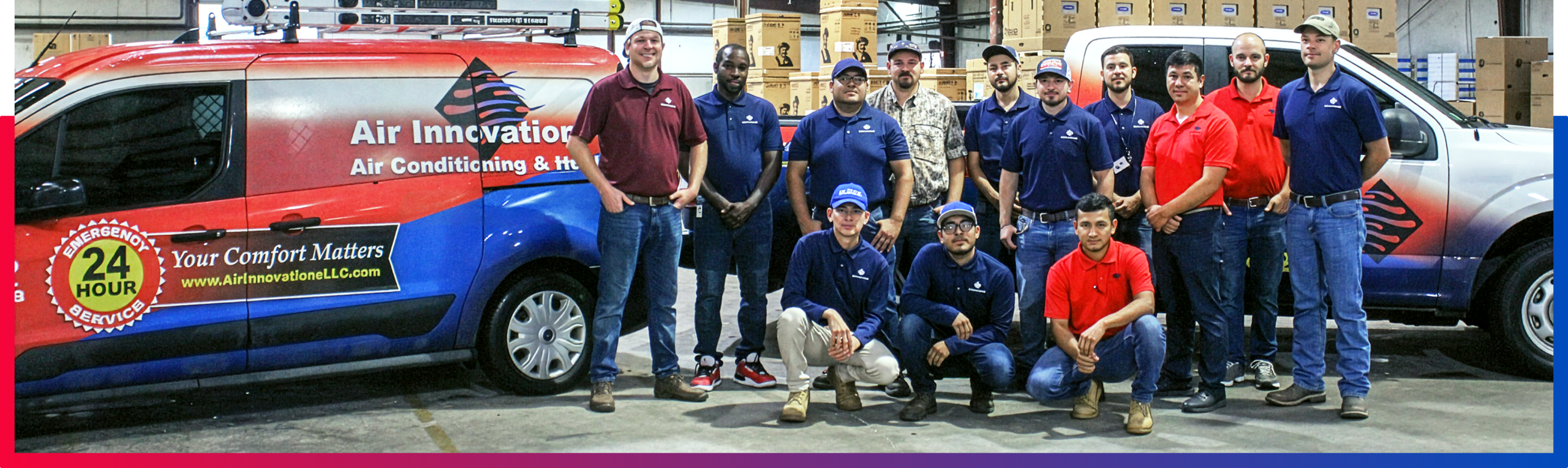 employees in a warehouse next to a work van